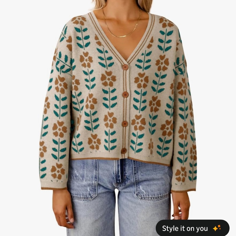 Floral Patterned Beige Sweater